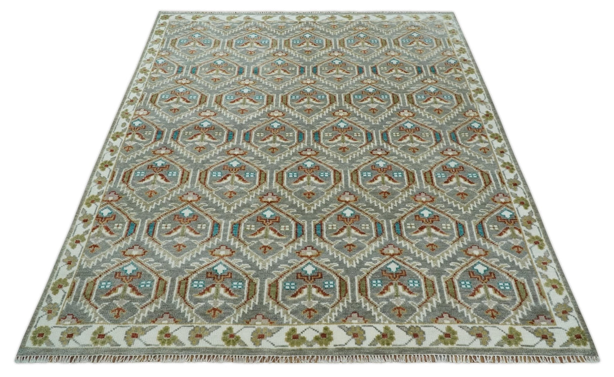 Antique look Traditional Hand Knotted Silver, Ivory and Rust Wool Area Rug