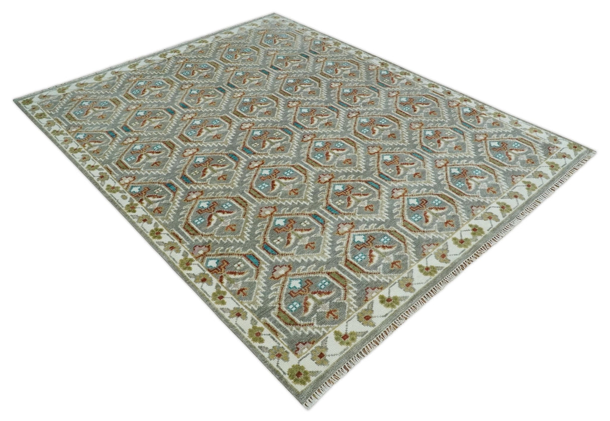 Antique look Traditional Hand Knotted Silver, Ivory and Rust Wool Area Rug