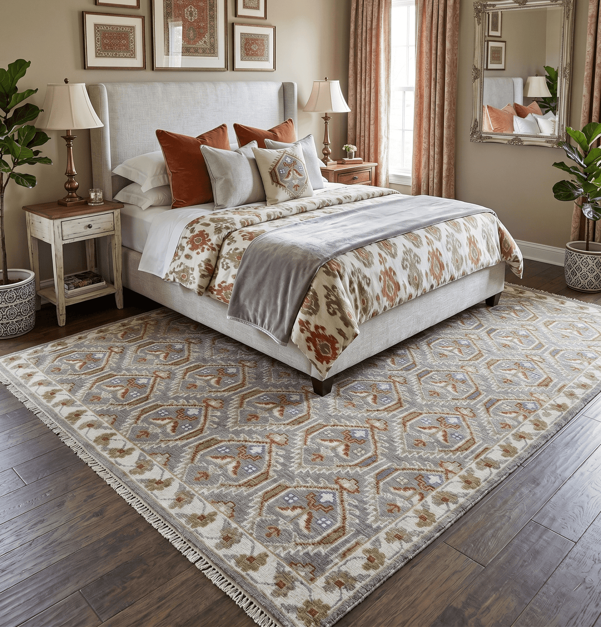 Antique look Traditional Hand Knotted Silver, Ivory and Rust Wool Area Rug