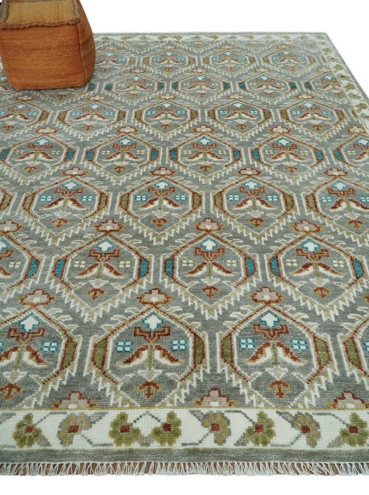Antique look Traditional Hand Knotted Silver, Ivory and Rust Wool Area Rug