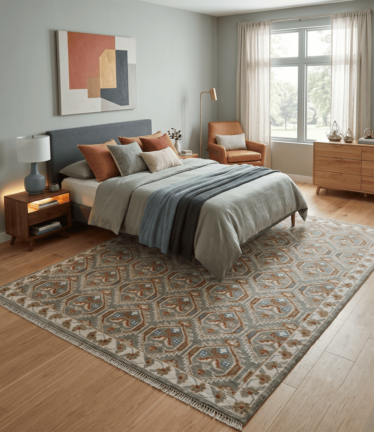 Antique look Traditional Hand Knotted Silver, Ivory and Rust Wool Area Rug
