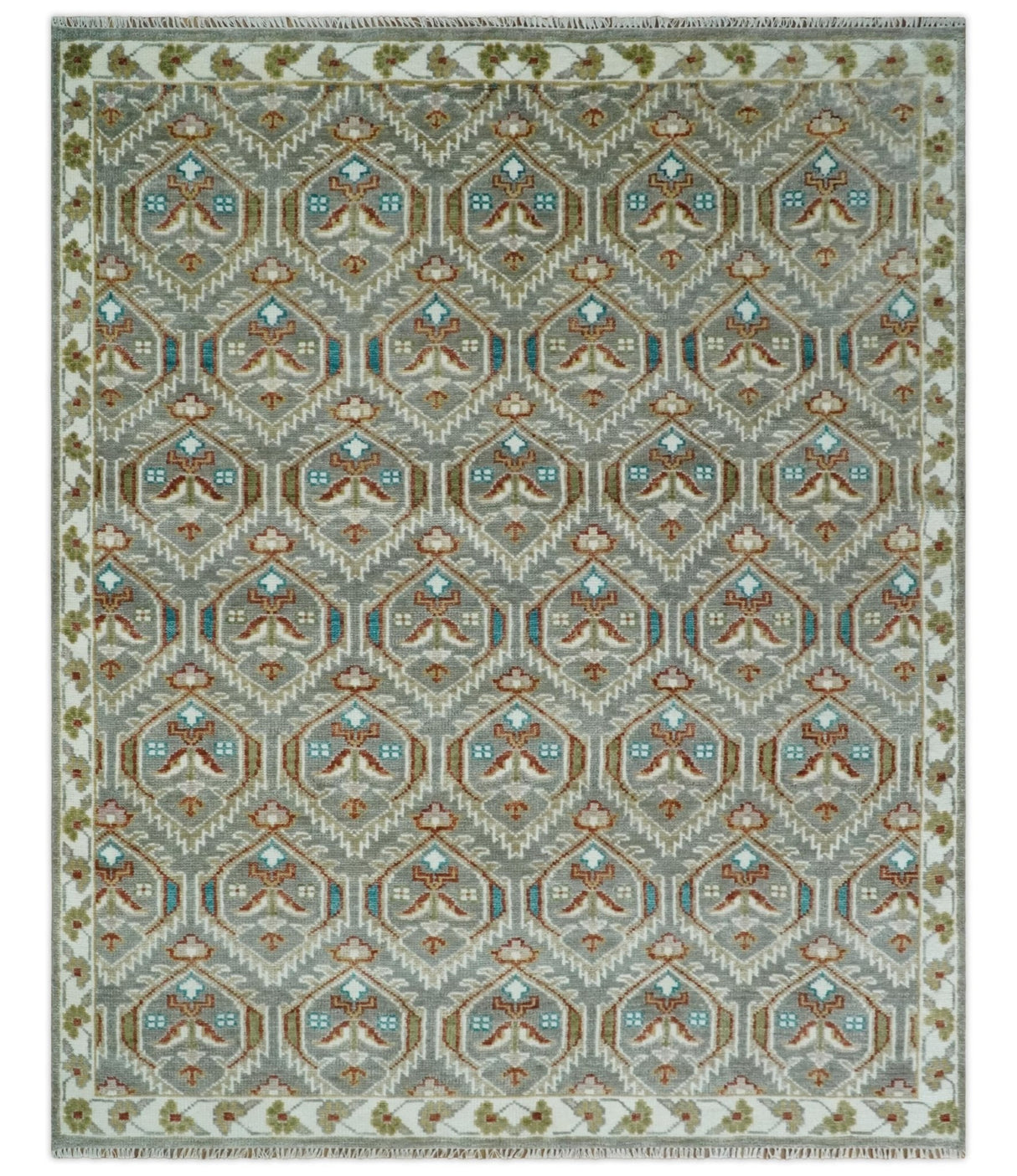 Antique look Traditional Hand Knotted Silver, Ivory and Rust Wool Area Rug