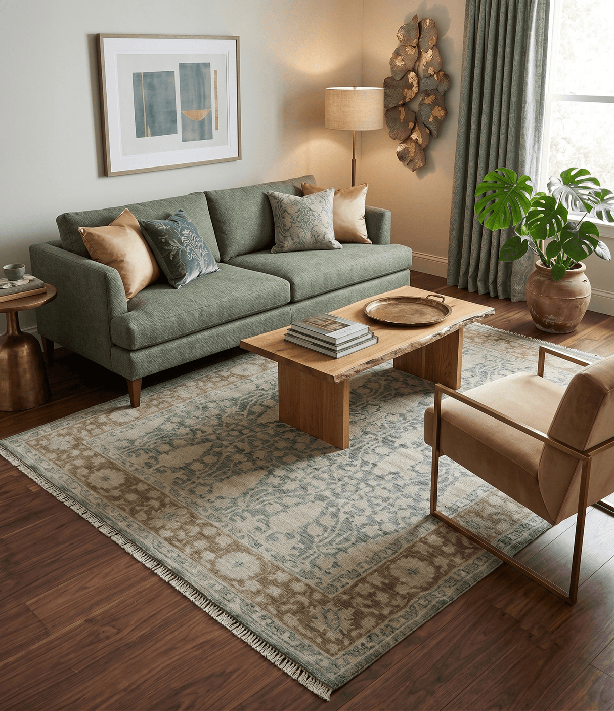 Antique look vintage style Green, Beige and Brown traditional Hand Knotted Multi Size wool rug