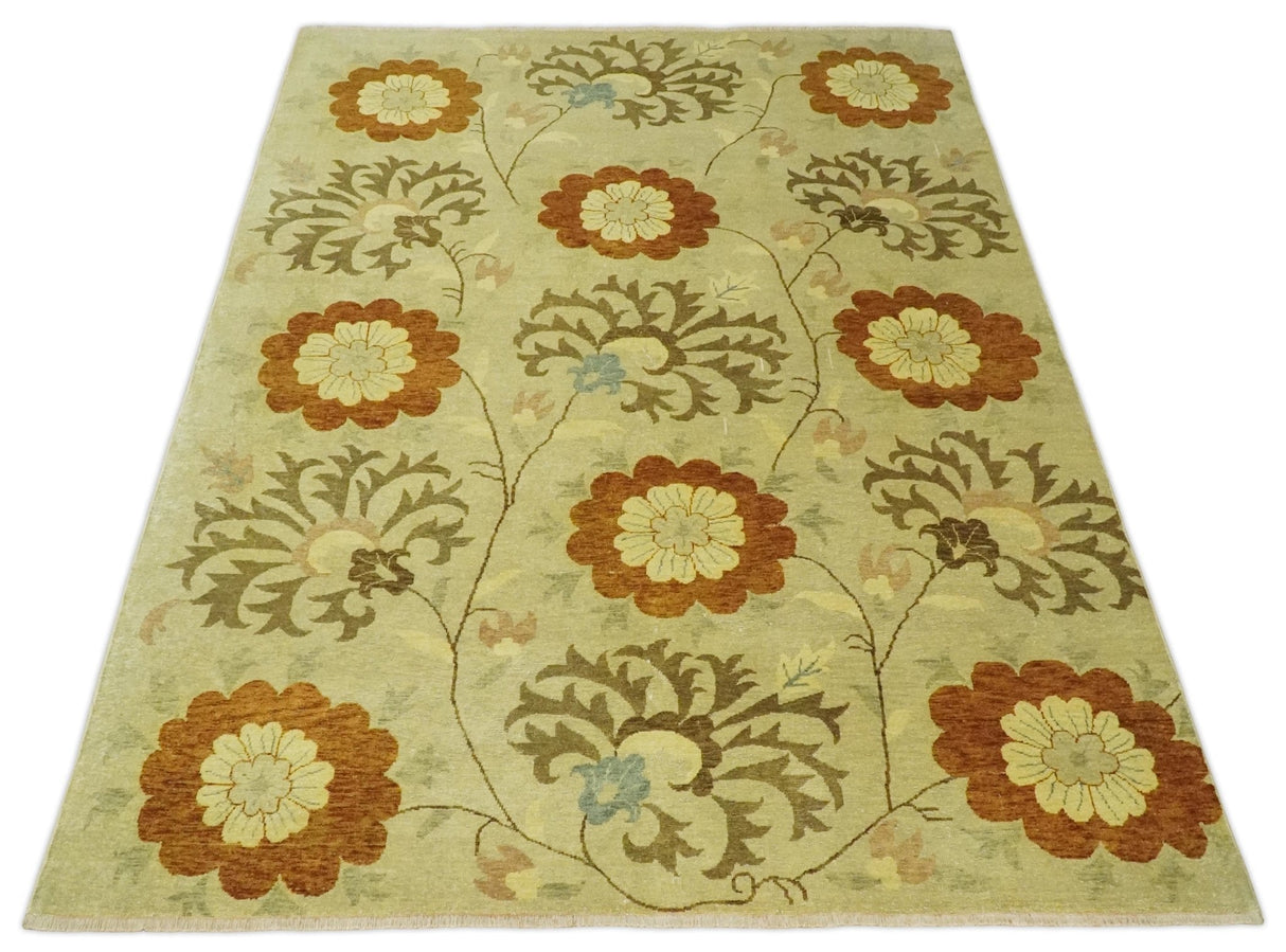Antique Modern Floral Olive and Rust Hand Knotted Wool Rug