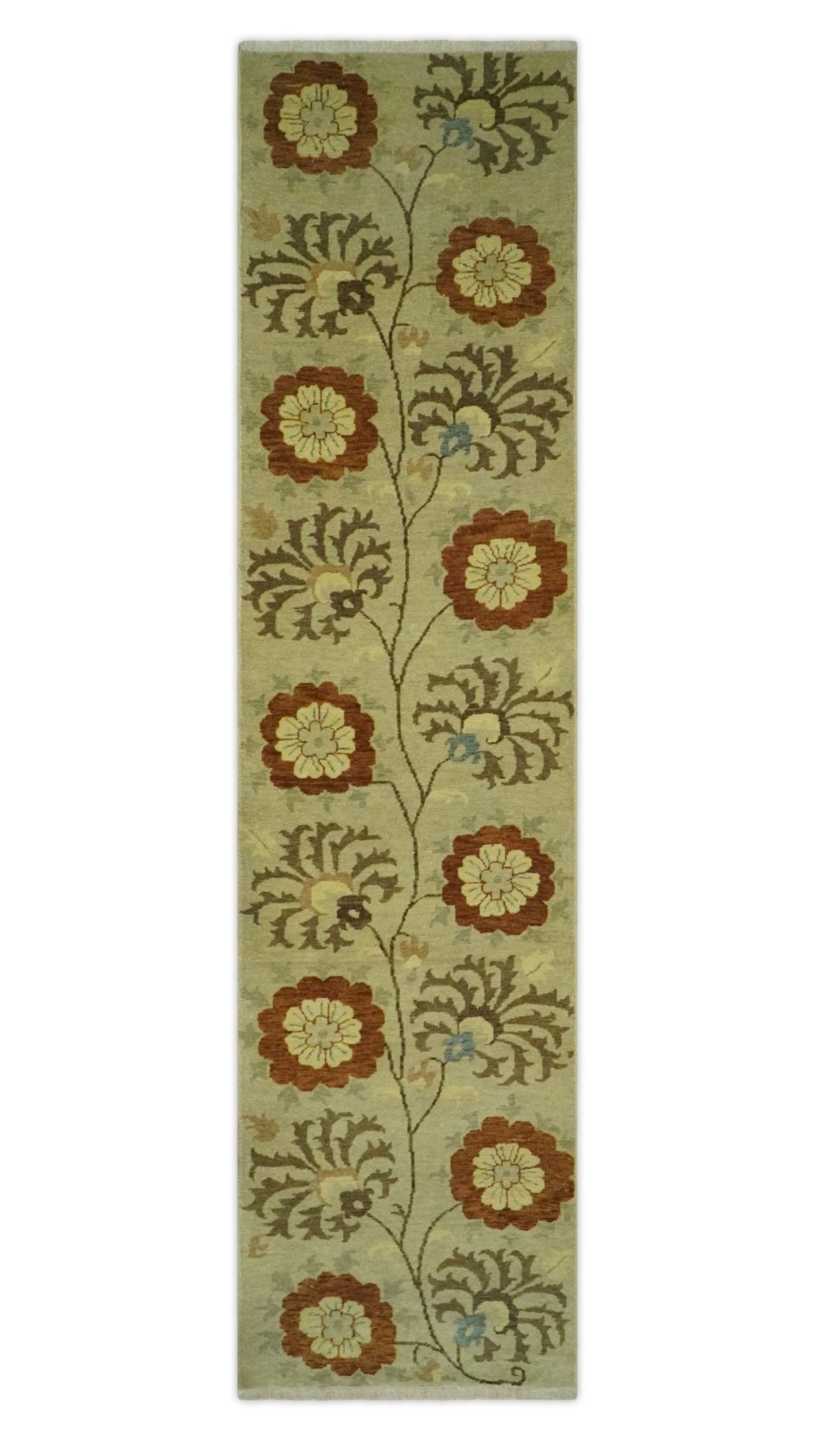 Antique Modern Floral Olive and Rust Hand Knotted Wool Rug