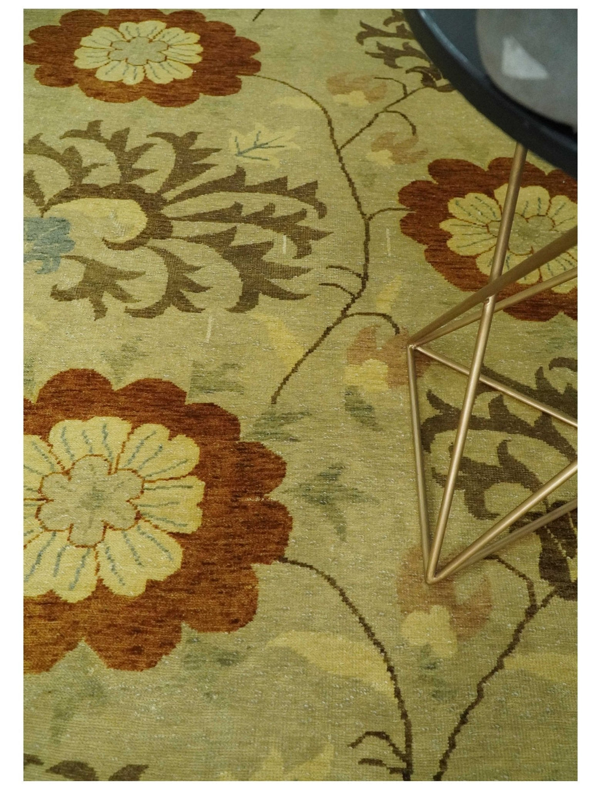 Antique Modern Floral Olive and Rust Hand Knotted Wool Rug