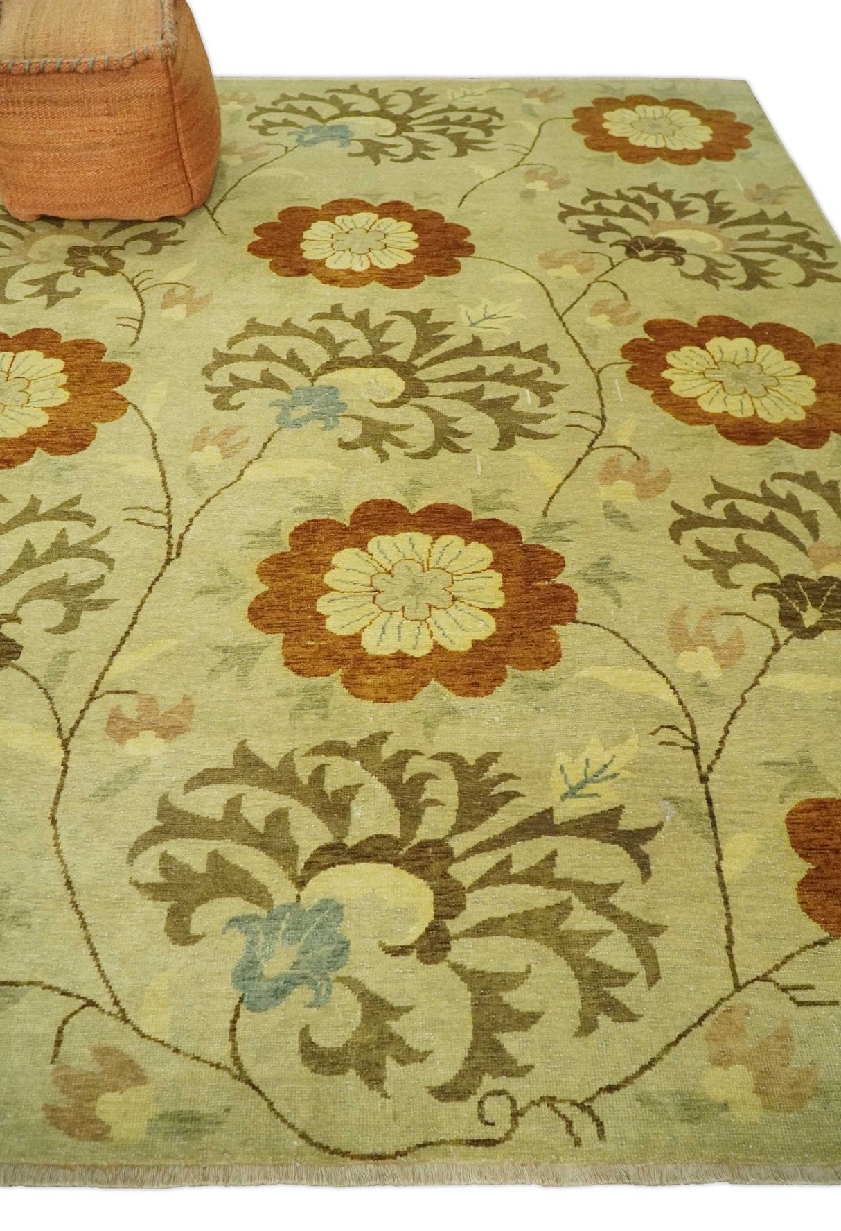 Antique Modern Floral Olive and Rust Hand Knotted Wool Rug