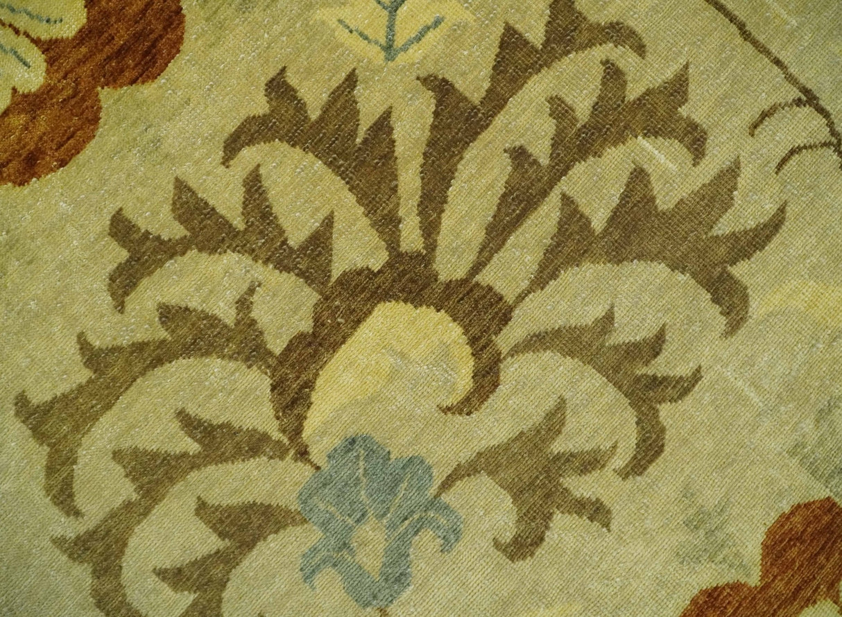Antique Modern Floral Olive and Rust Hand Knotted Wool Rug