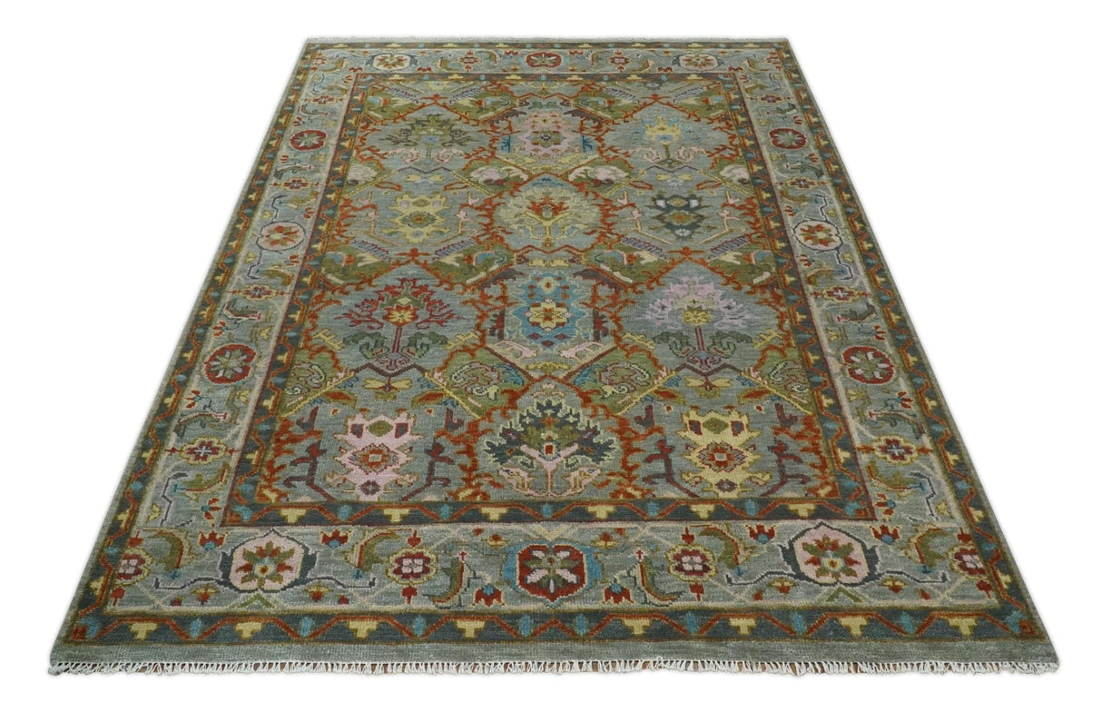 Antique Moss All Wool Traditional Persian Silver, Rust and Green Hand knotted Oushak Area Rug