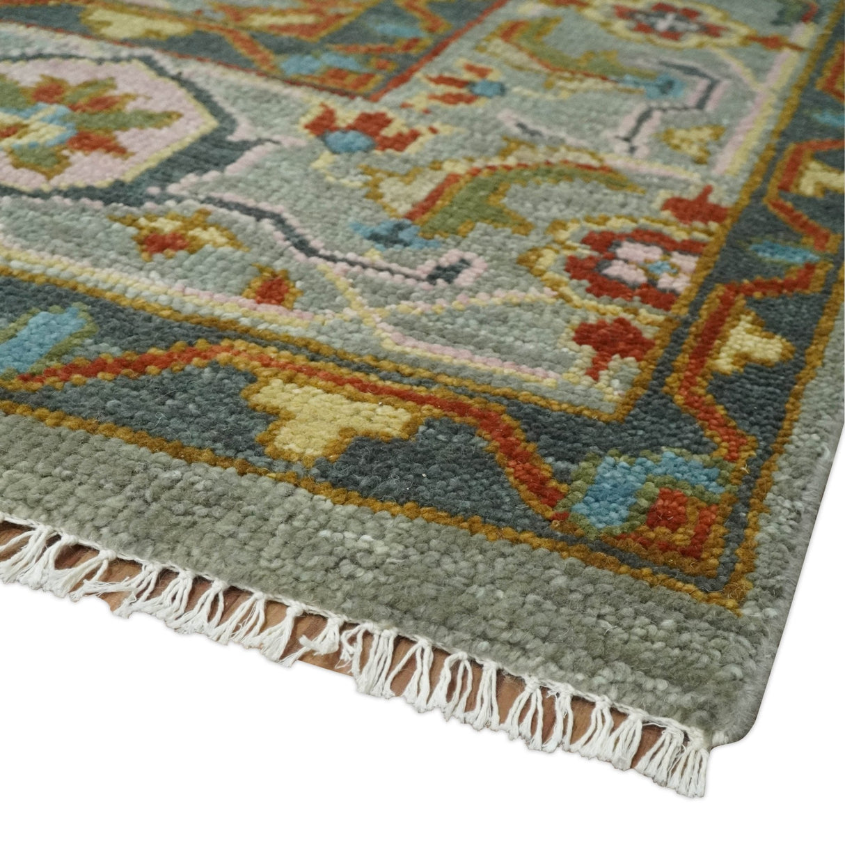 Antique Moss All Wool Traditional Persian Silver, Rust and Green Hand knotted Oushak Area Rug