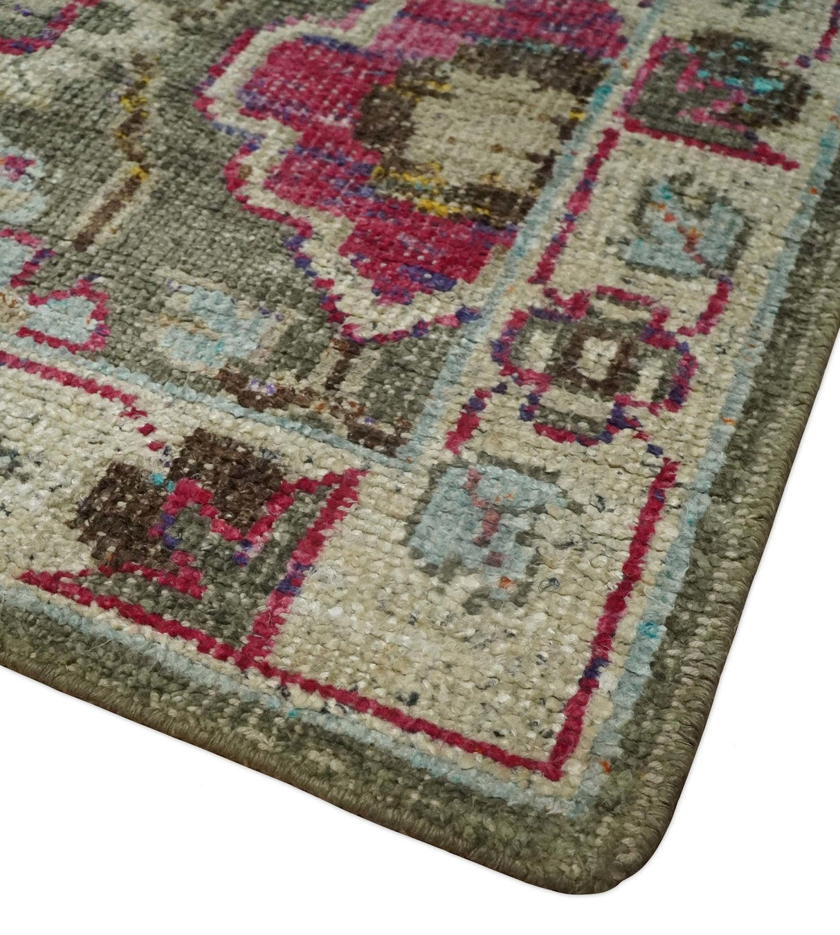 Antique Moss Green 5x8 Hand Knotted Beige and Pink Bamboo Silk Area Rug