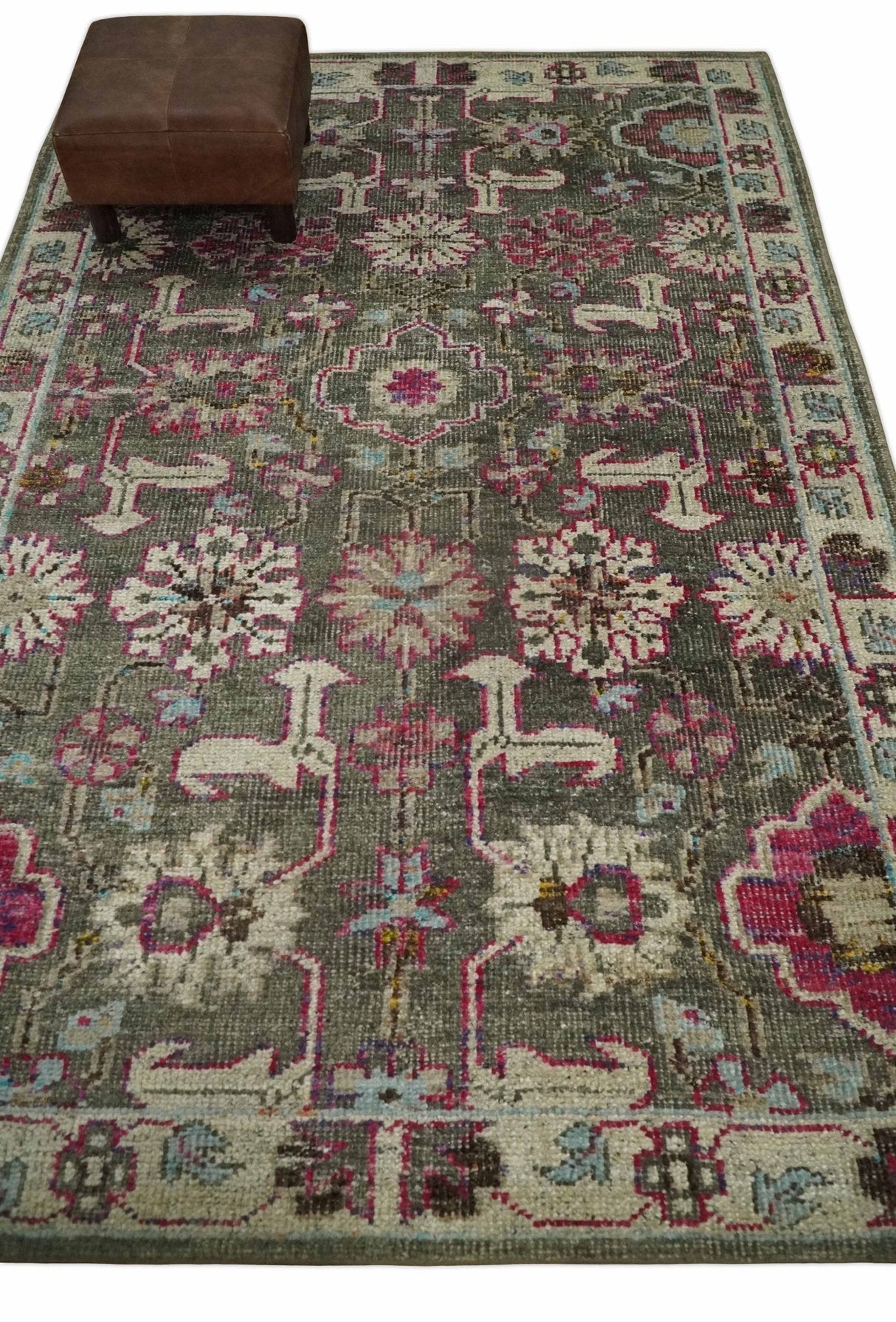 Antique Moss Green 5x8 Hand Knotted Beige and Pink Bamboo Silk Area Rug