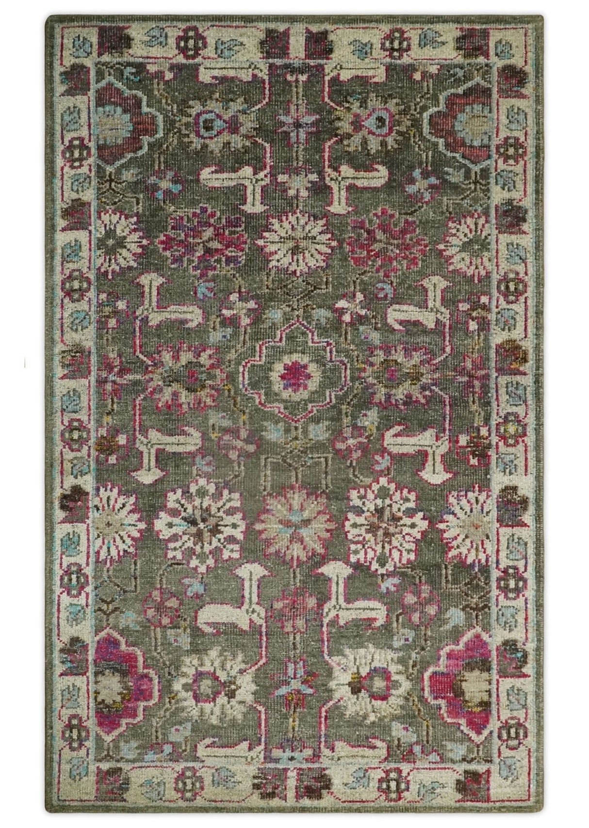 Antique Moss Green 5x8 Hand Knotted Beige and Pink Bamboo Silk Area Rug