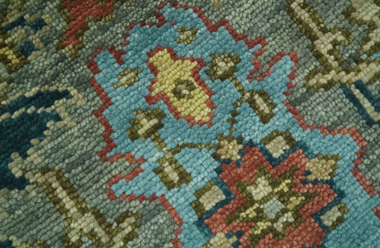 Antique Moss Green Silver and Teal Traditional Oushak Hand knotted Custom Made wool Area Rug