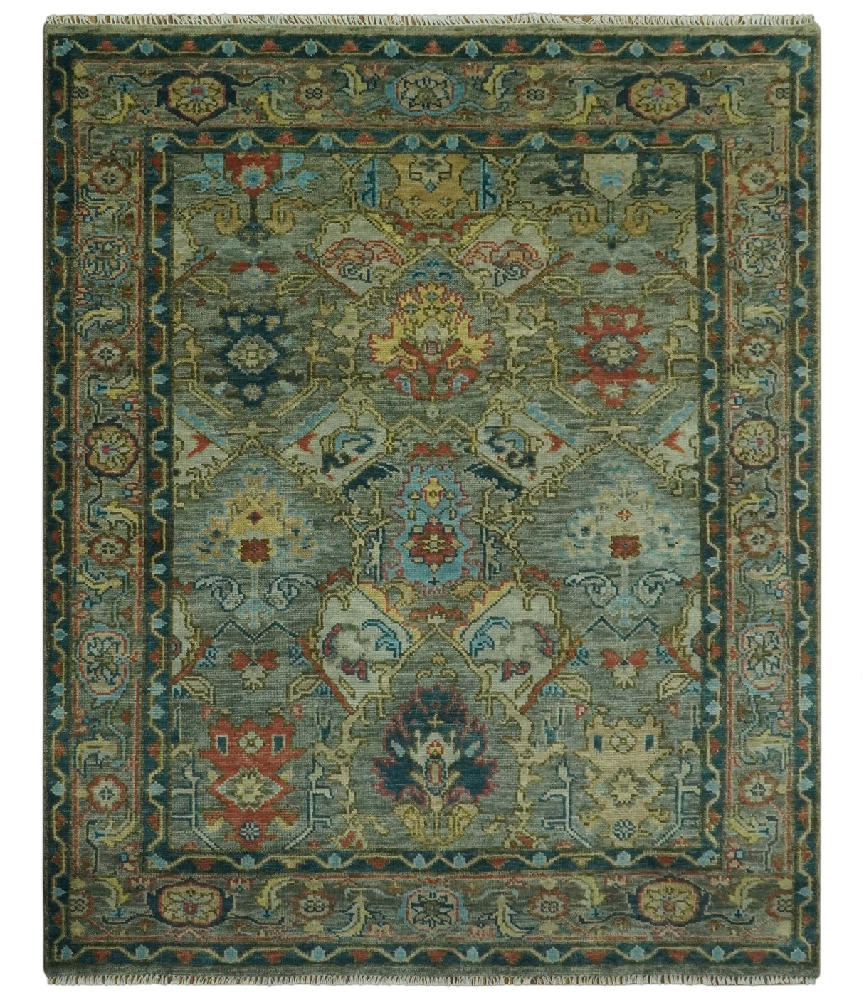 Antique Moss Green Silver and Teal Traditional Oushak Hand knotted Custom Made wool Area Rug