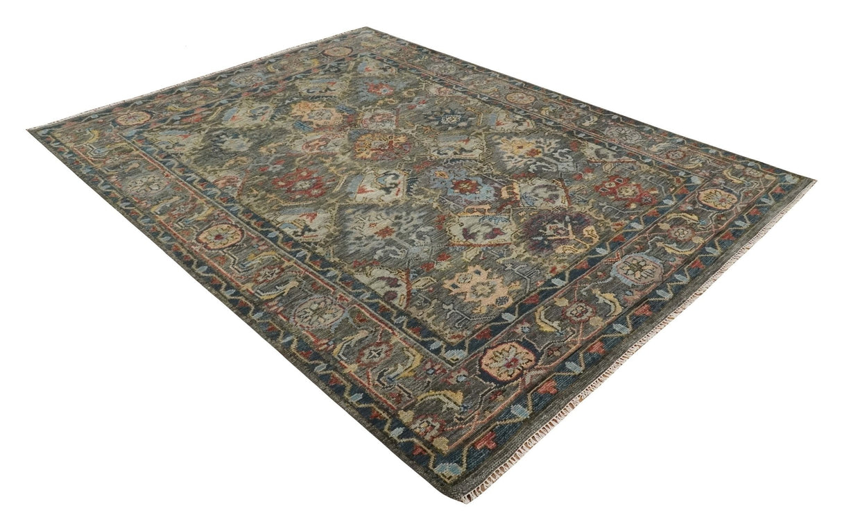 Antique Moss Traditional Oushak Charcoal, Brown and Blue Hand knotted Custom Made Rug
