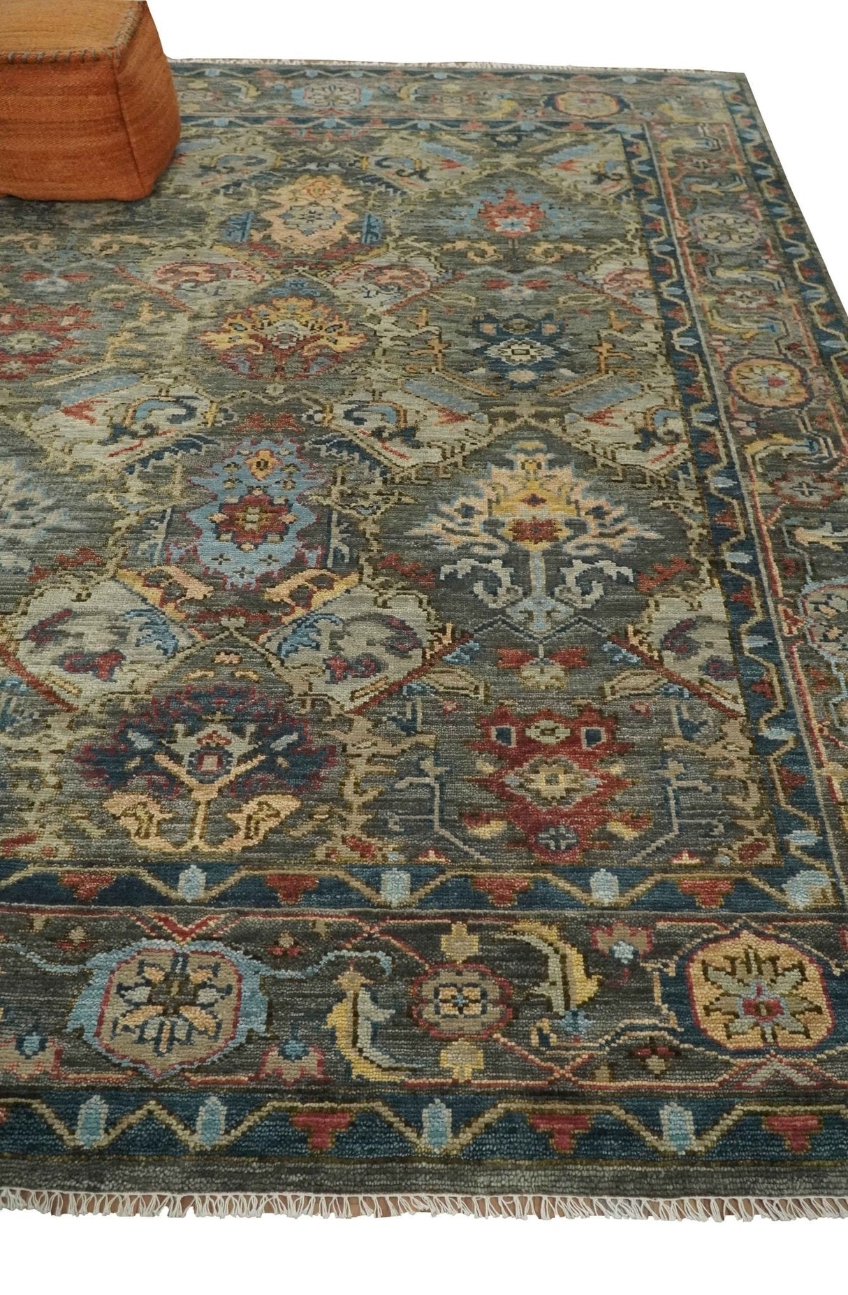 Antique Moss Traditional Oushak Charcoal, Brown and Blue Hand knotted Custom Made Rug
