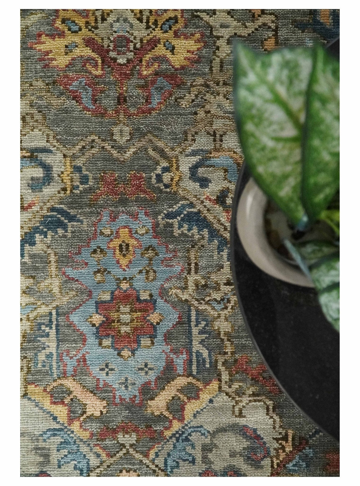 Antique Moss Traditional Oushak Charcoal, Brown and Blue Hand knotted Custom Made Rug