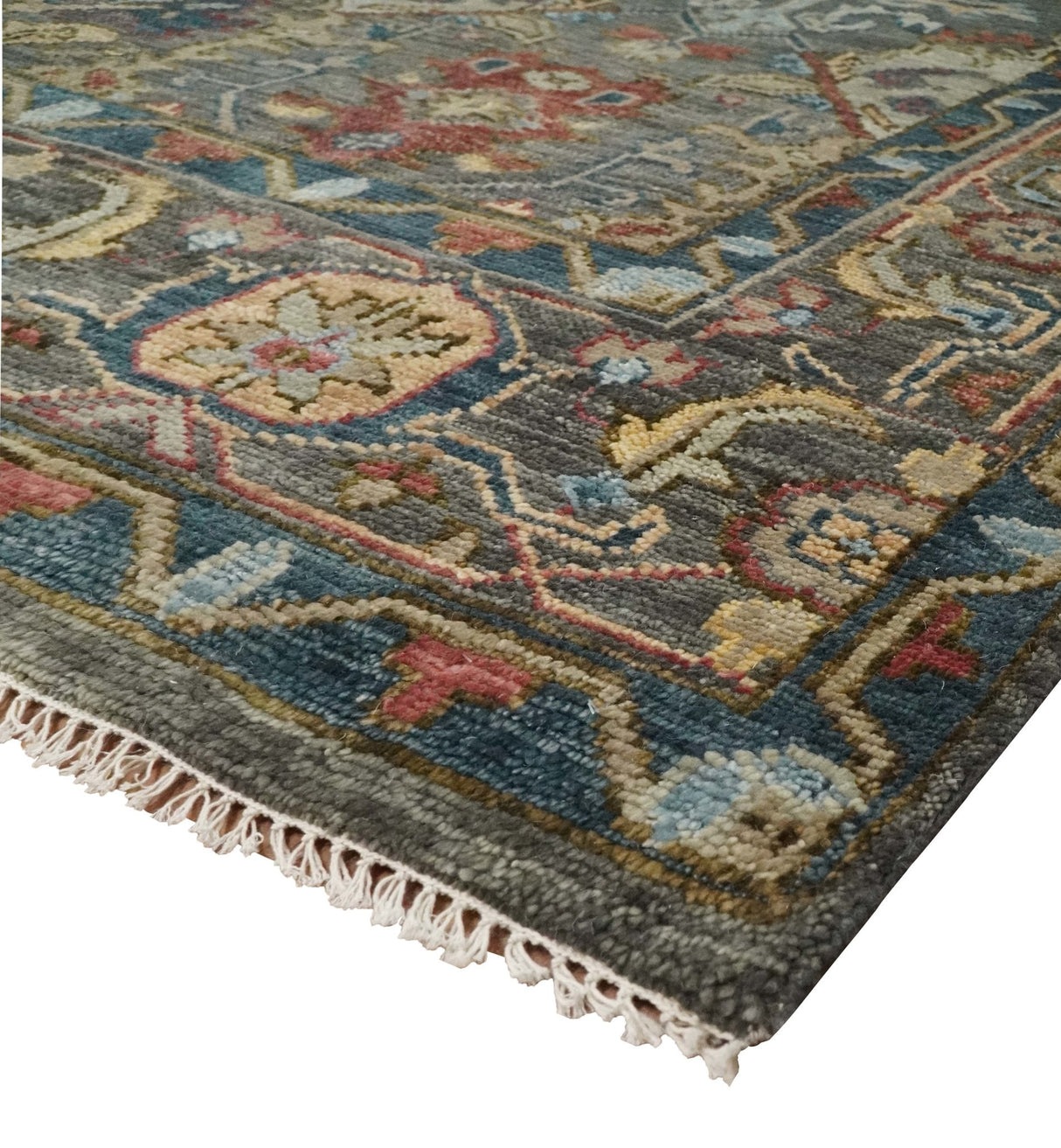 Antique Moss Traditional Oushak Charcoal, Brown and Blue Hand knotted Custom Made Rug