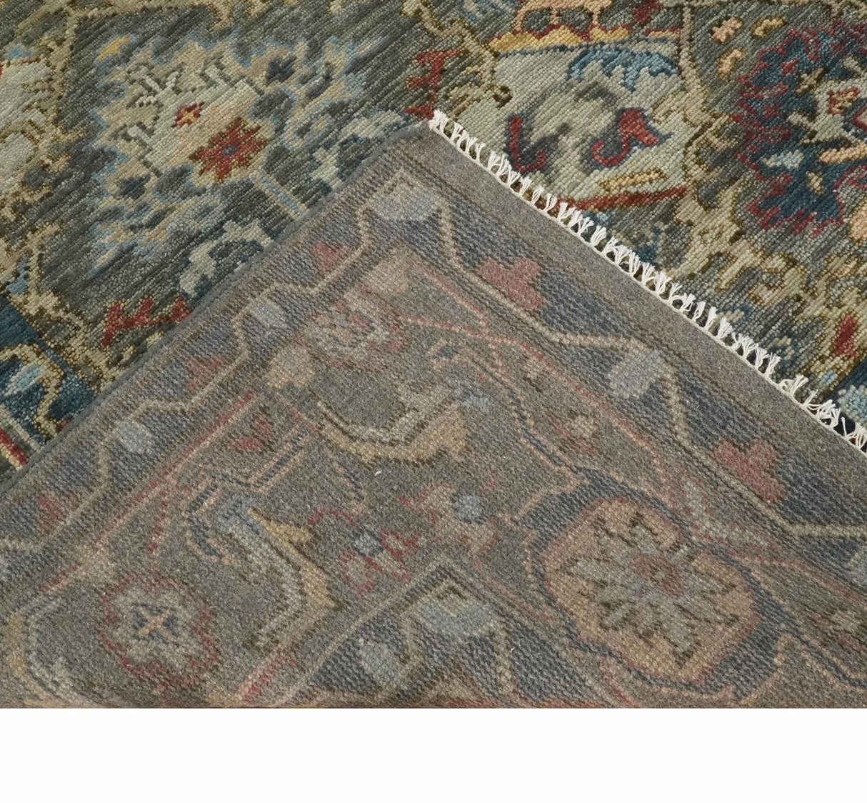 Antique Moss Traditional Oushak Charcoal, Brown and Blue Hand knotted Custom Made Rug