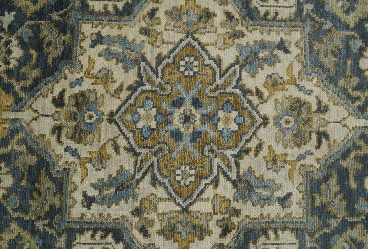 Antique Muted Traditional Heriz Blue ,Beige and Brown Hand knotted Custom made wool Area Rug