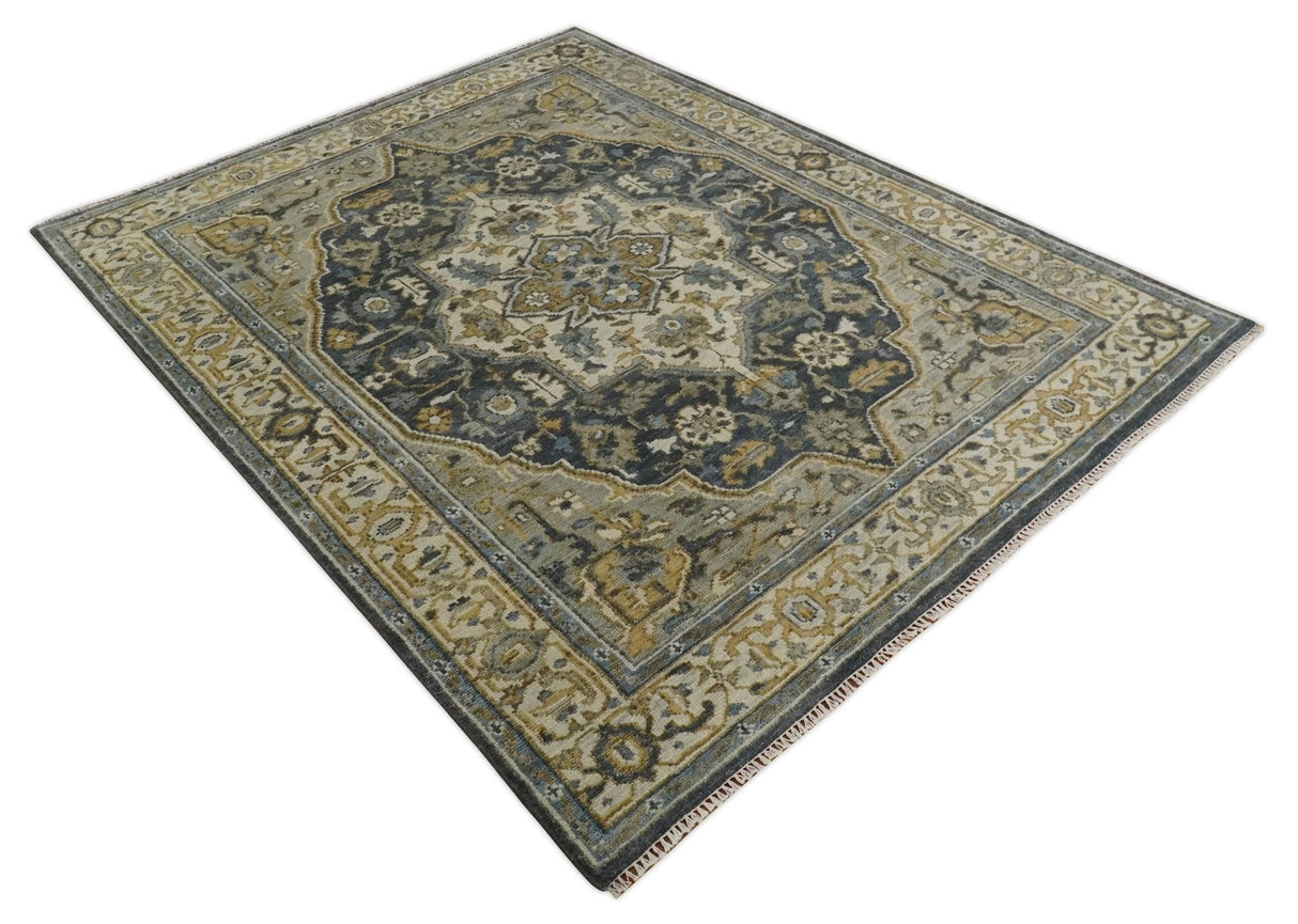 Antique Muted Traditional Heriz Blue ,Beige and Brown Hand knotted Custom made wool Area Rug