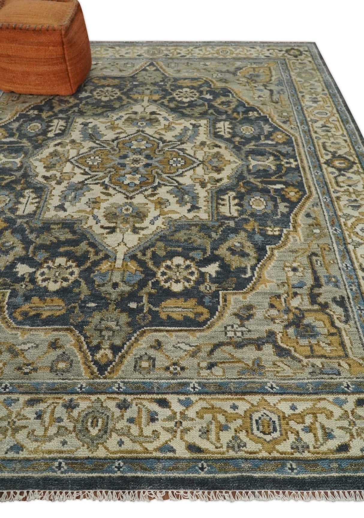 Antique Muted Traditional Heriz Blue ,Beige and Brown Hand knotted Custom made wool Area Rug
