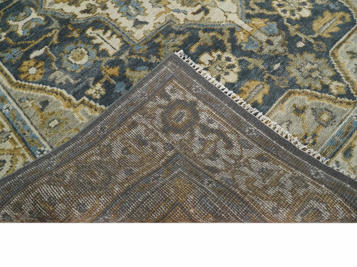 Antique Muted Traditional Heriz Blue ,Beige and Brown Hand knotted Custom made wool Area Rug