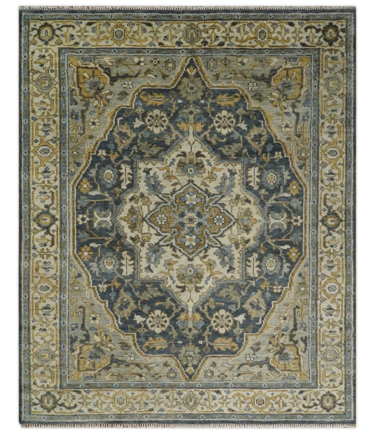 Antique Muted Traditional Heriz Blue ,Beige and Brown Hand knotted Custom made wool Area Rug