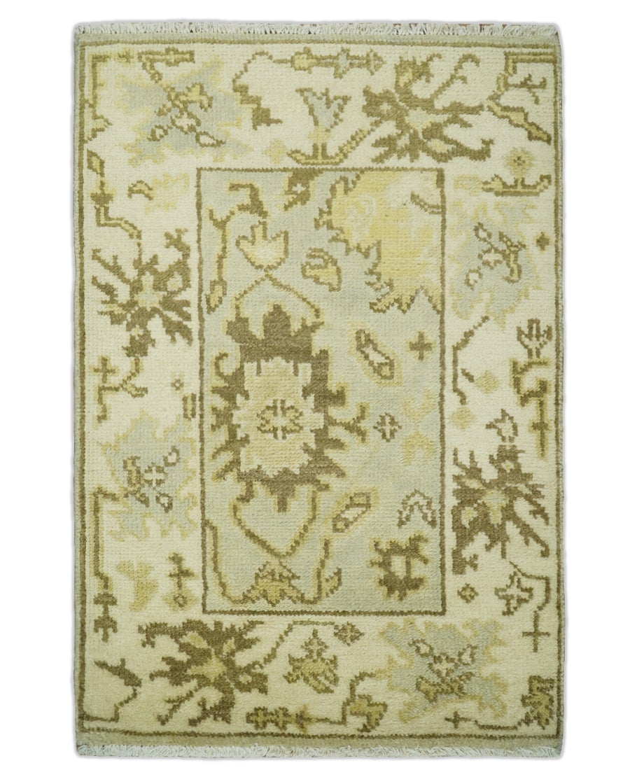 Antique Oushak 2x3 Beige and Brown Hand Knotted Wool Area Rug