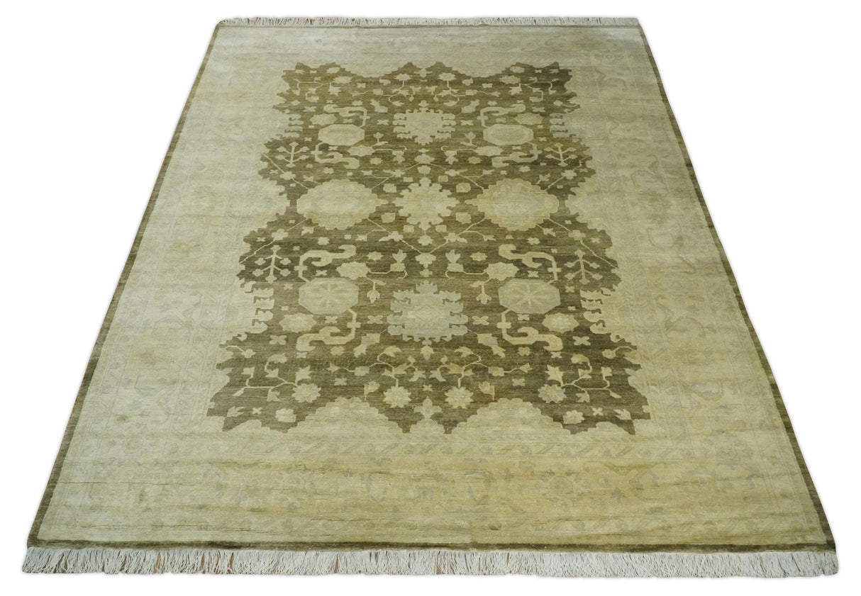 Antique Style 10x14 Hand Knotted Brown and Beige Traditional Oushak Wool Rug, Large Rug | N3751014