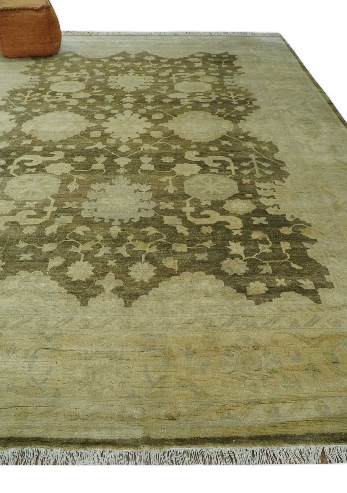 Antique Style 10x14 Hand Knotted Brown and Beige Traditional Oushak Wool Rug, Large Rug | N3751014