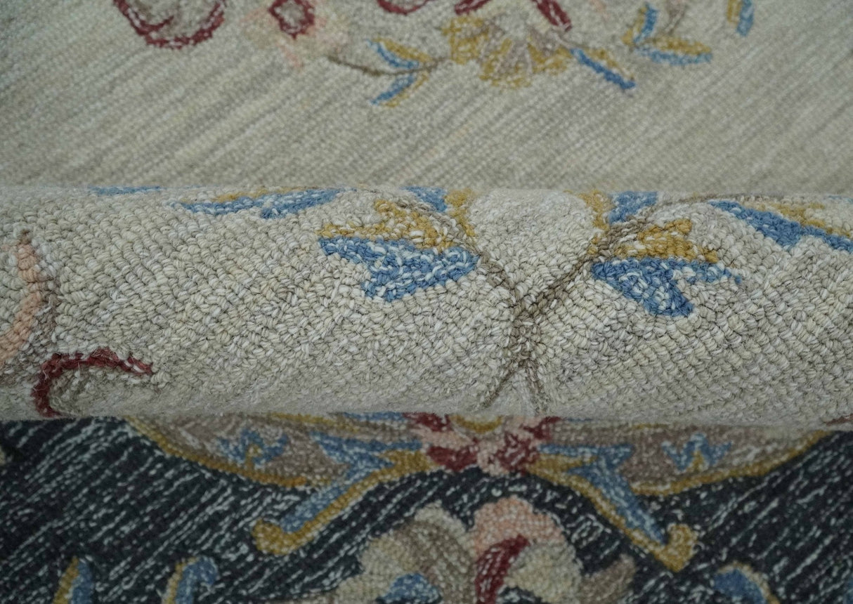 Antique Style Beige and Charcoal Aubusson design Hand Tufted 8x10 wool Area Rug