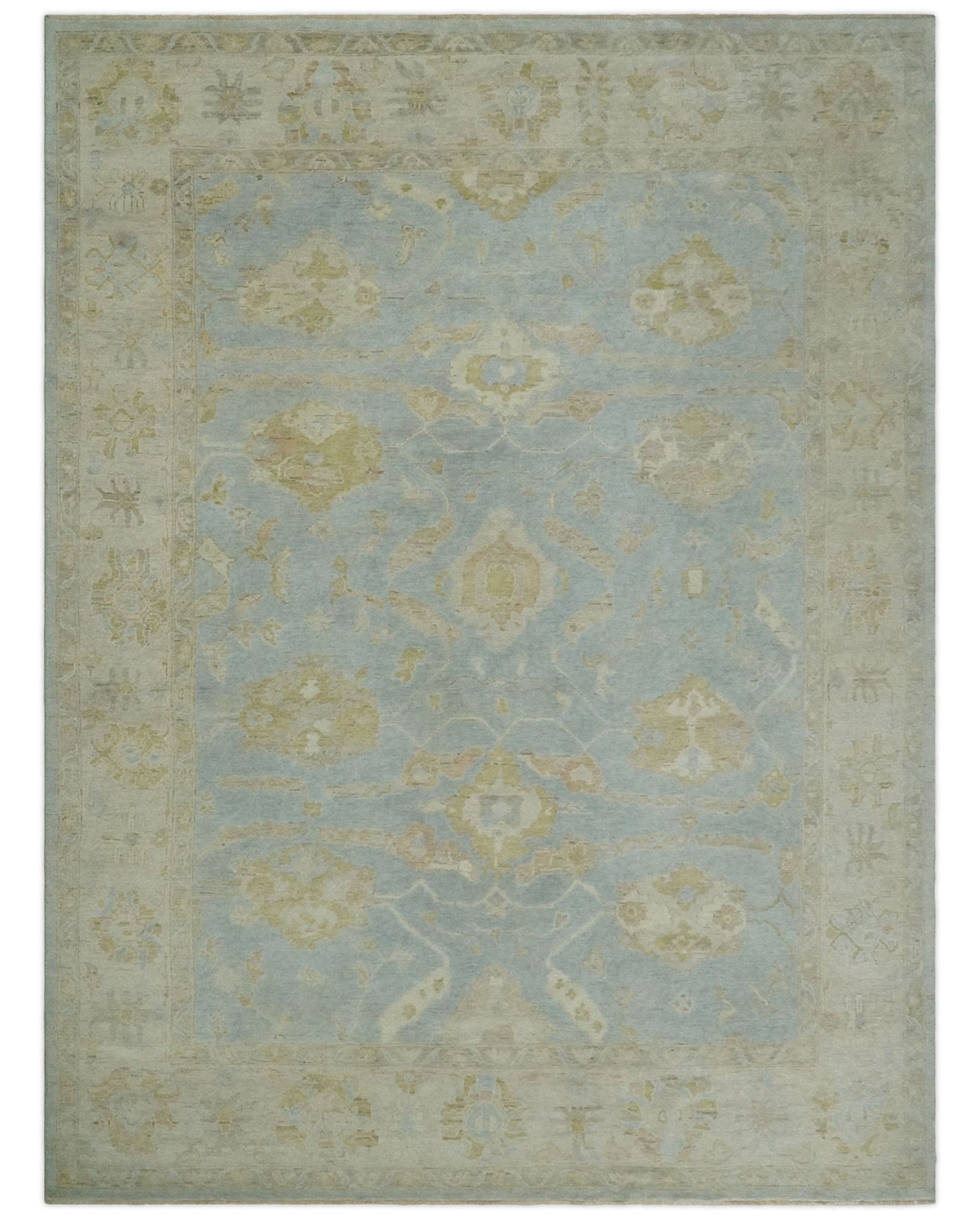 Antique style Gray, Beige and Olive 9x12 Hand knotted Oushak wool Area Rug