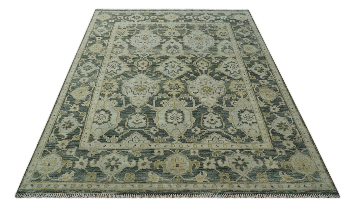 Antique style Gray, Ivory and Olive Hand knotted Traditional Oushak wool Area Rug