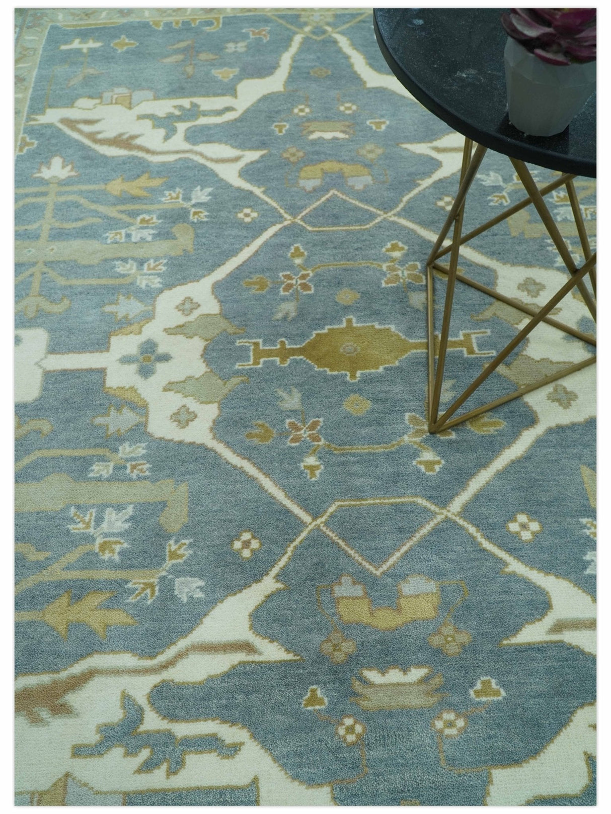 Antique Style Grayish Blue and Ivory Hand Knotted Custom Made Wool Rug