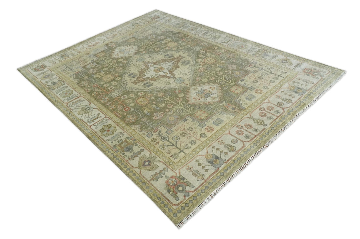 Antique Style Green, Ivory and Beige Hand knotted 9x12 wool Area Rug
