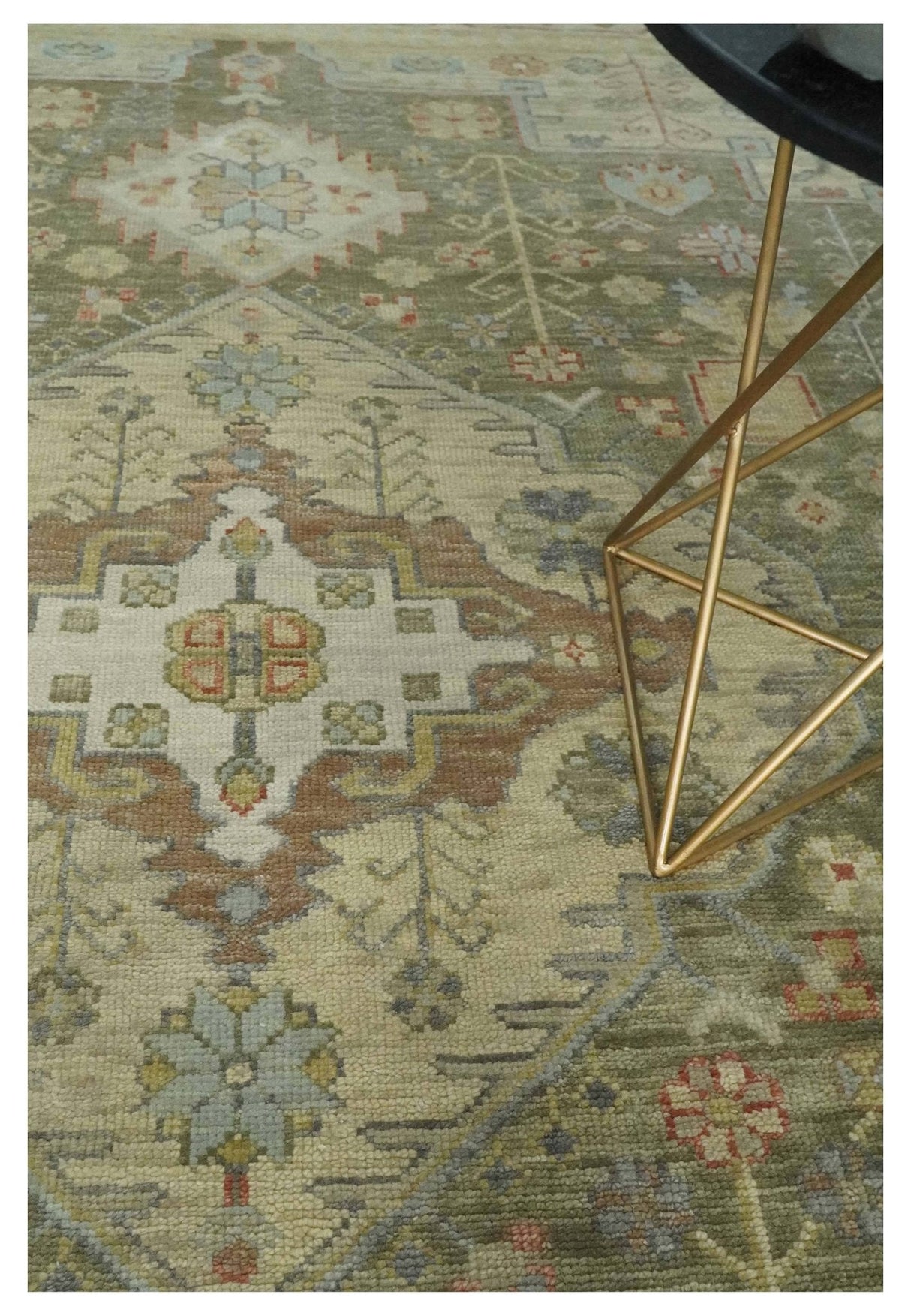 Antique Style Green, Ivory and Beige Hand knotted 9x12 wool Area Rug