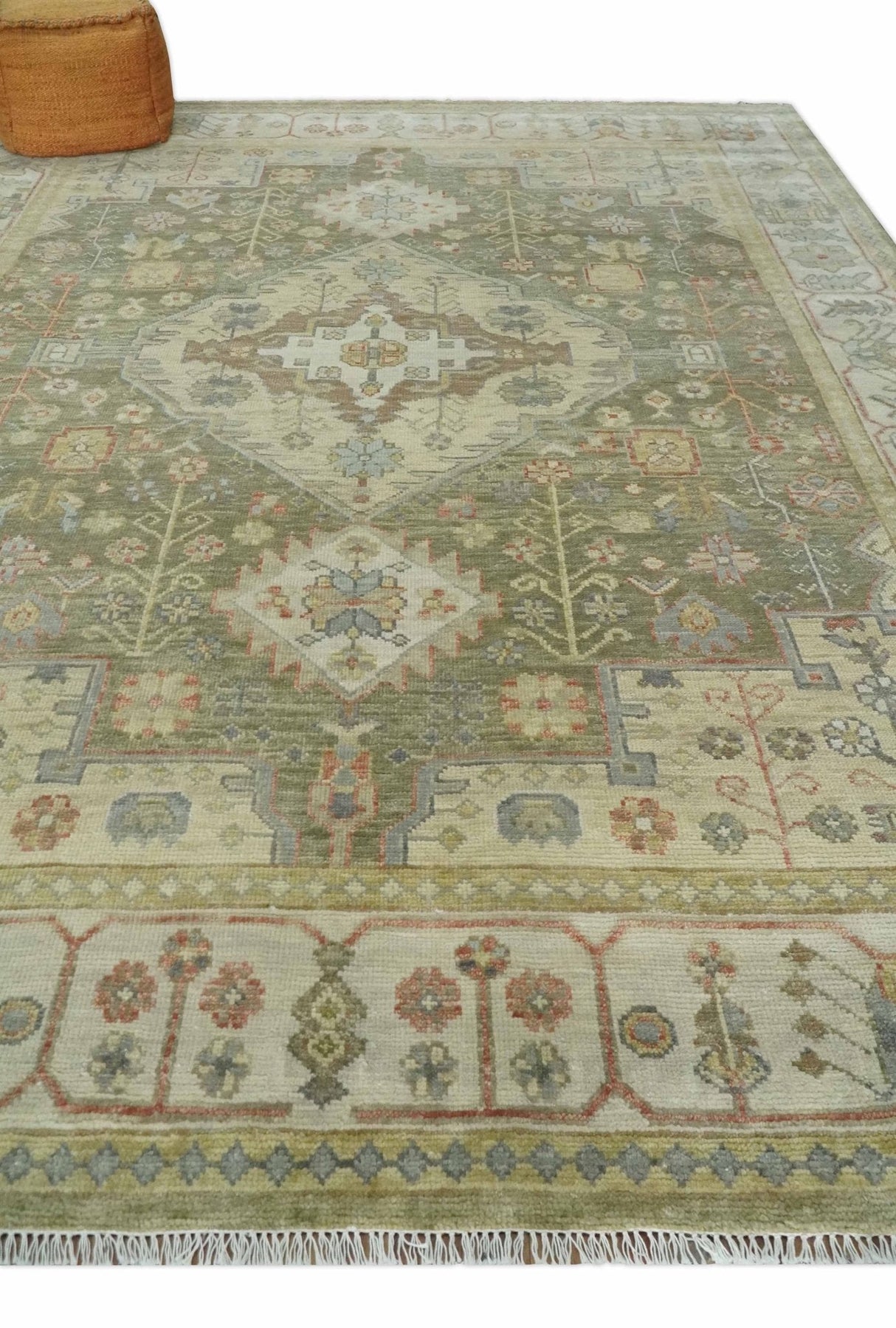Antique Style Green, Ivory and Beige Hand knotted 9x12 wool Area Rug