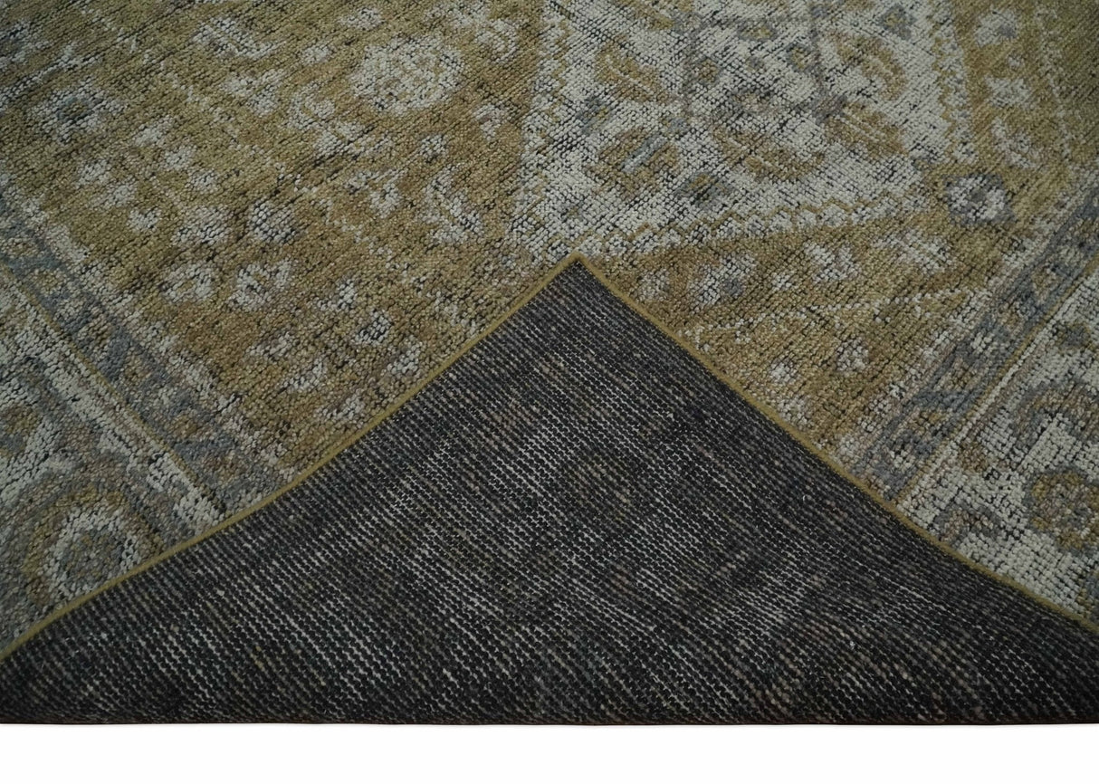 Antique Style Hand Knotted 8x10 Olive, Silver and Charcoal Traditional Low Pile Wool Area Rug