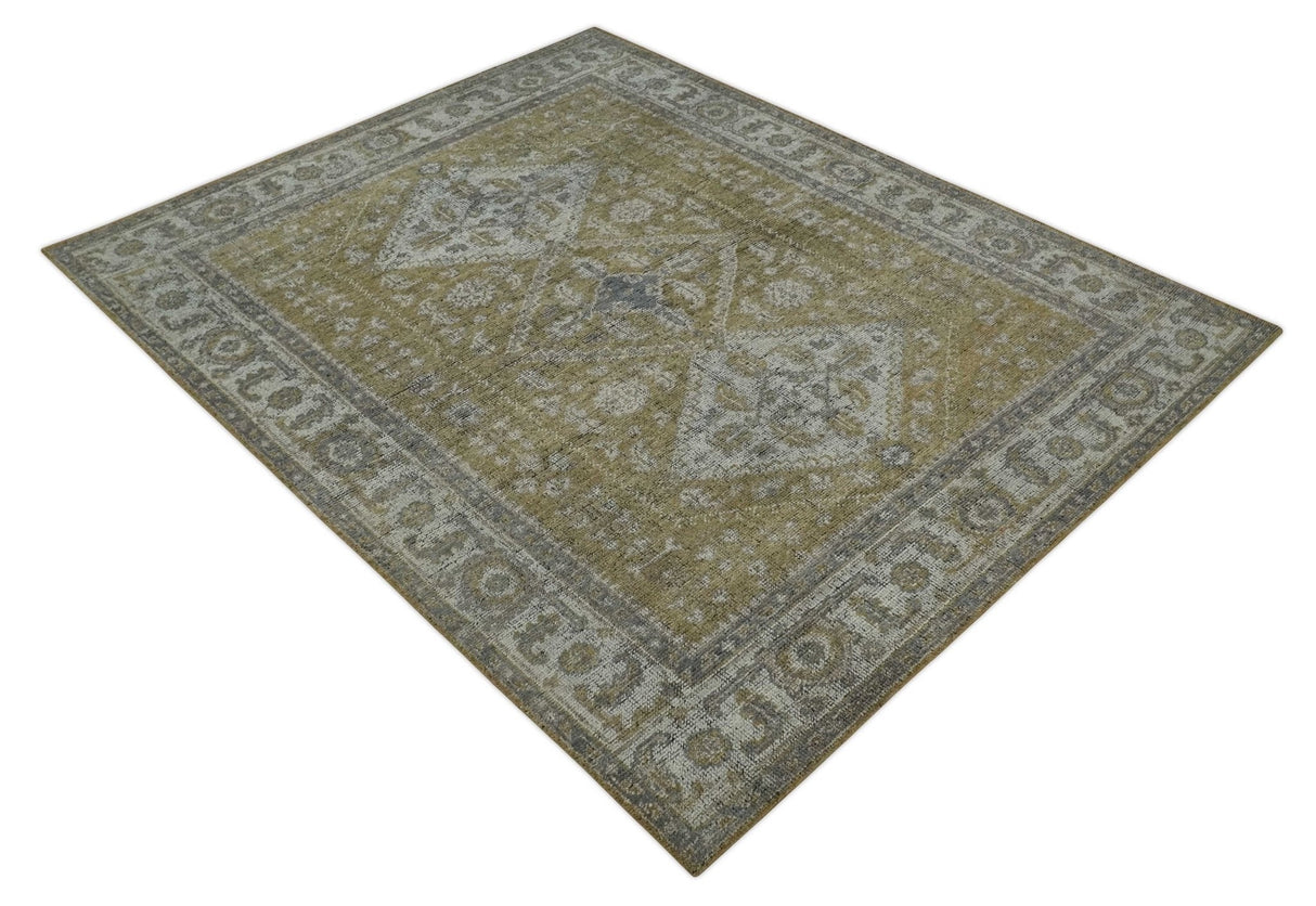 Antique Style Hand Knotted 8x10 Olive, Silver and Charcoal Traditional Low Pile Wool Area Rug