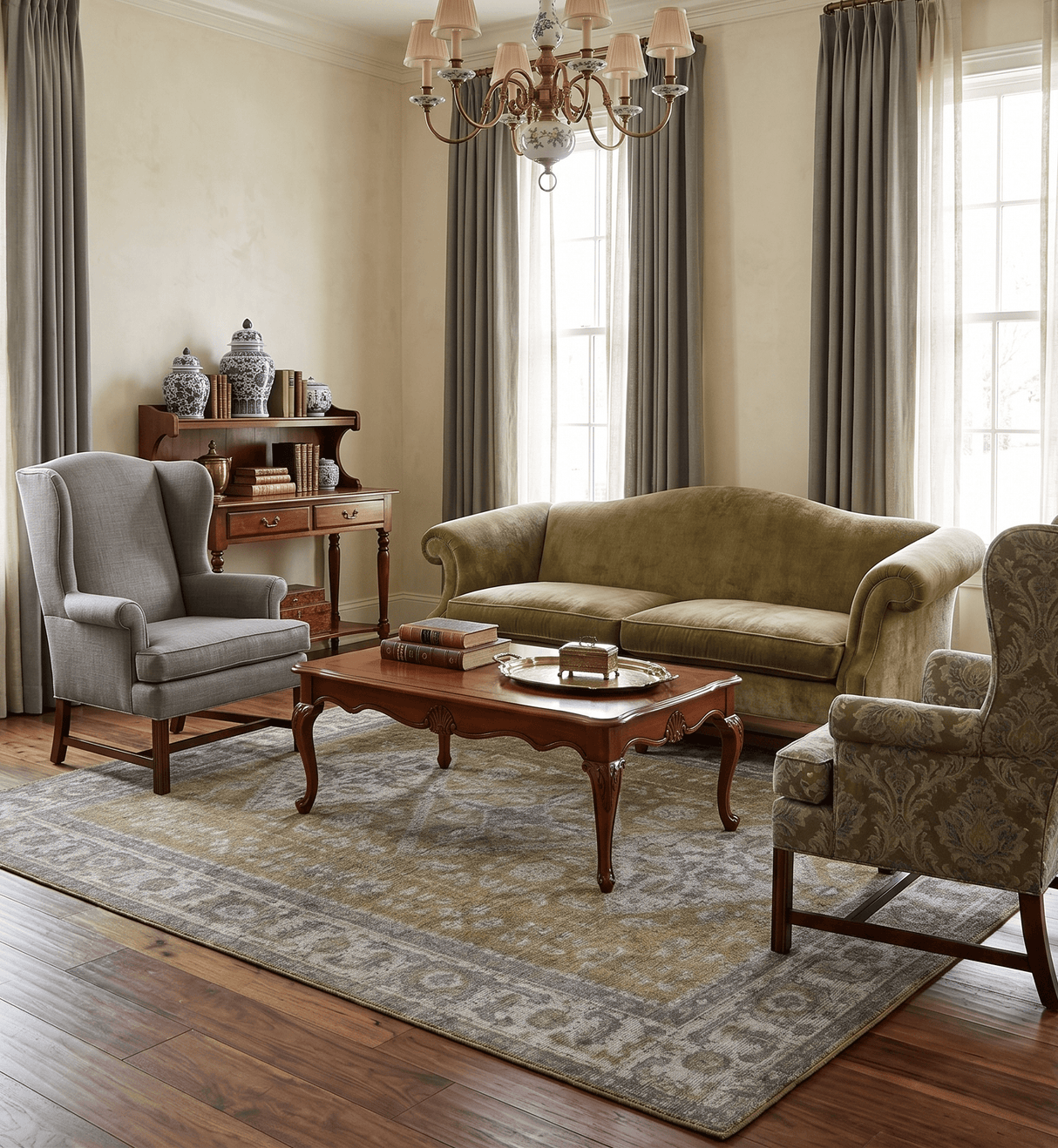 Antique Style Hand Knotted 8x10 Olive, Silver and Charcoal Traditional Low Pile Wool Area Rug