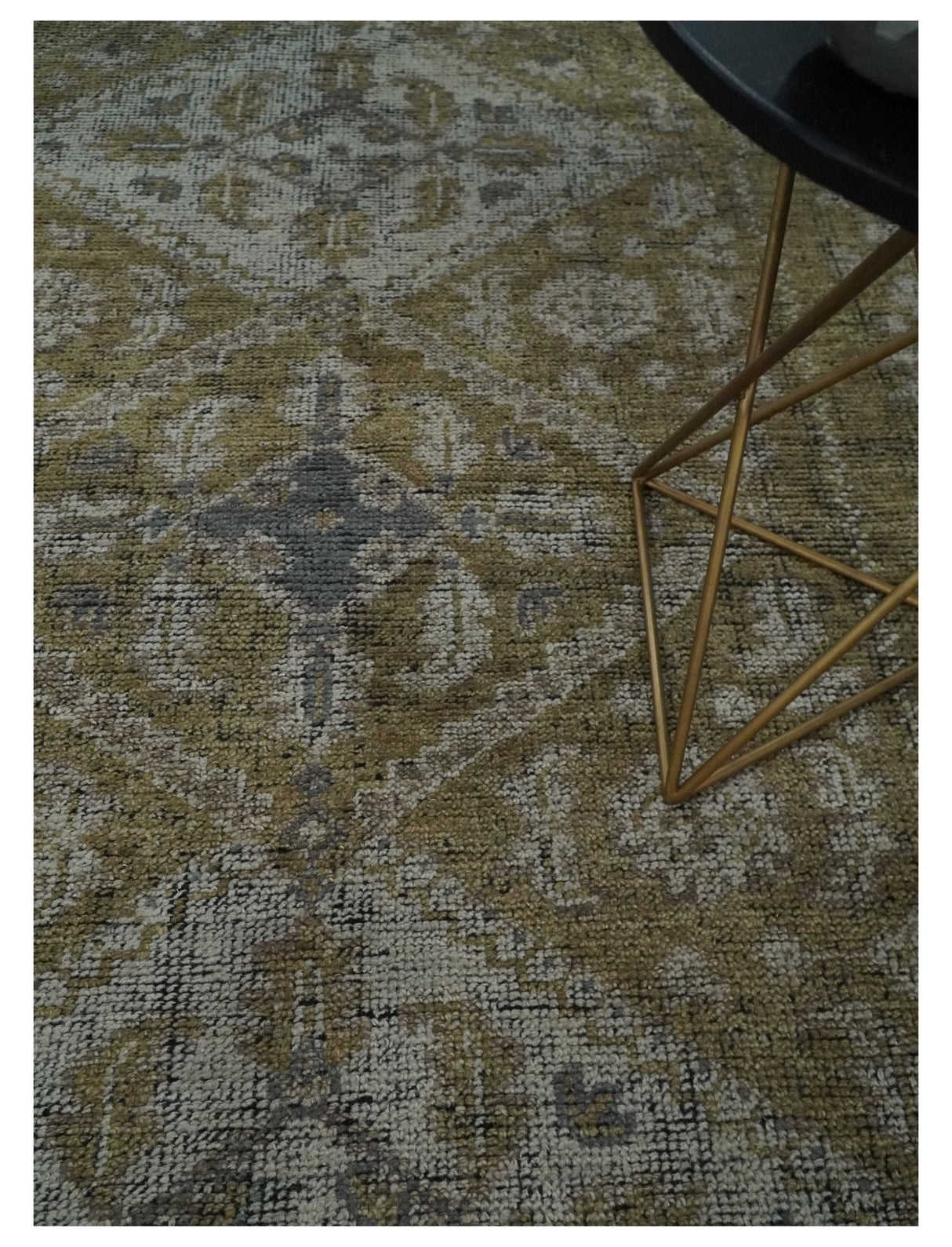 Antique Style Hand Knotted 8x10 Olive, Silver and Charcoal Traditional Low Pile Wool Area Rug