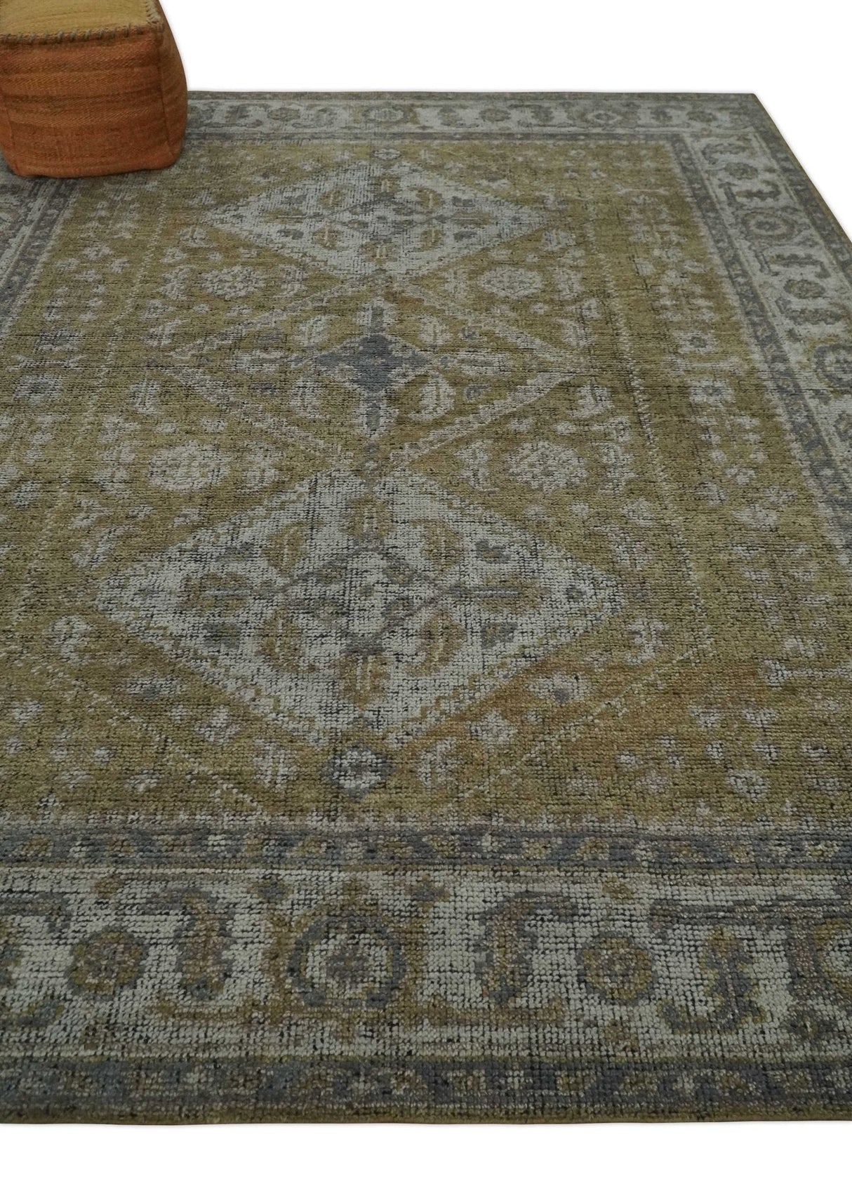 Antique Style Hand Knotted 8x10 Olive, Silver and Charcoal Traditional Low Pile Wool Area Rug