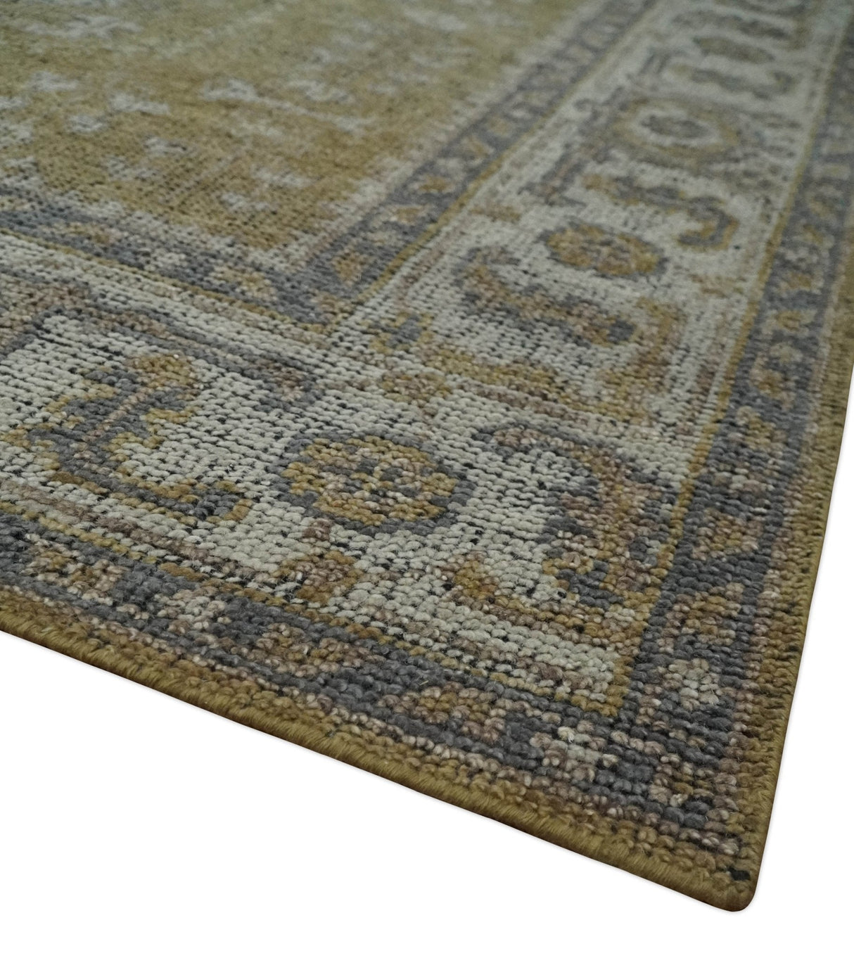 Antique Style Hand Knotted 8x10 Olive, Silver and Charcoal Traditional Low Pile Wool Area Rug