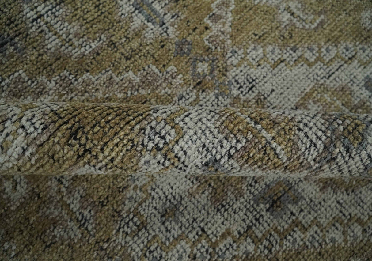 Antique Style Hand Knotted 8x10 Olive, Silver and Charcoal Traditional Low Pile Wool Area Rug