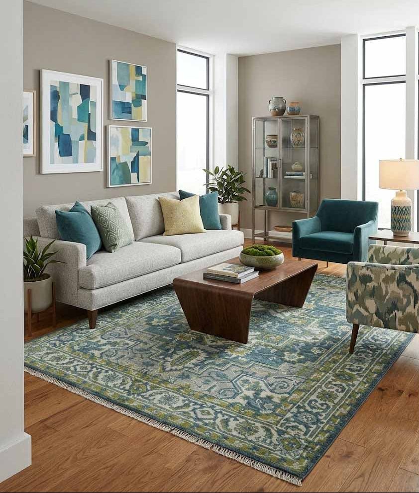 Antique Style Hand Knotted Teal, Gray and Green Traditional multi Size wool rug