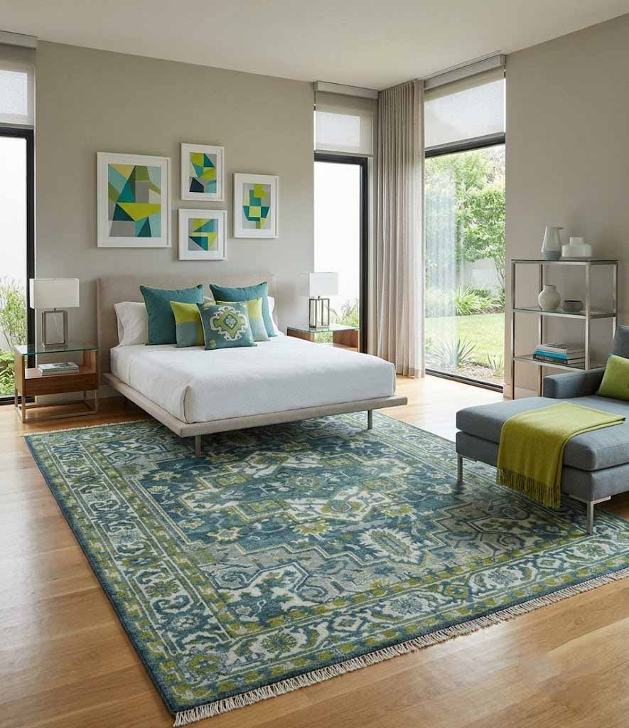 Antique Style Hand Knotted Teal, Gray and Green Traditional multi Size wool rug
