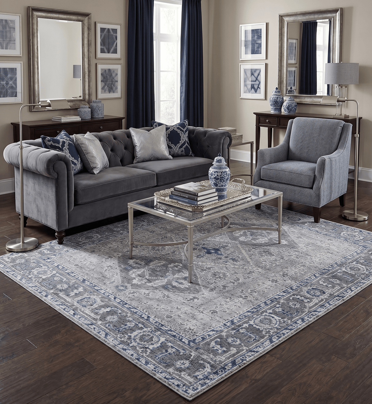 Antique Style Hand Knotted Traditional Blue and Gray Wool Area Rug