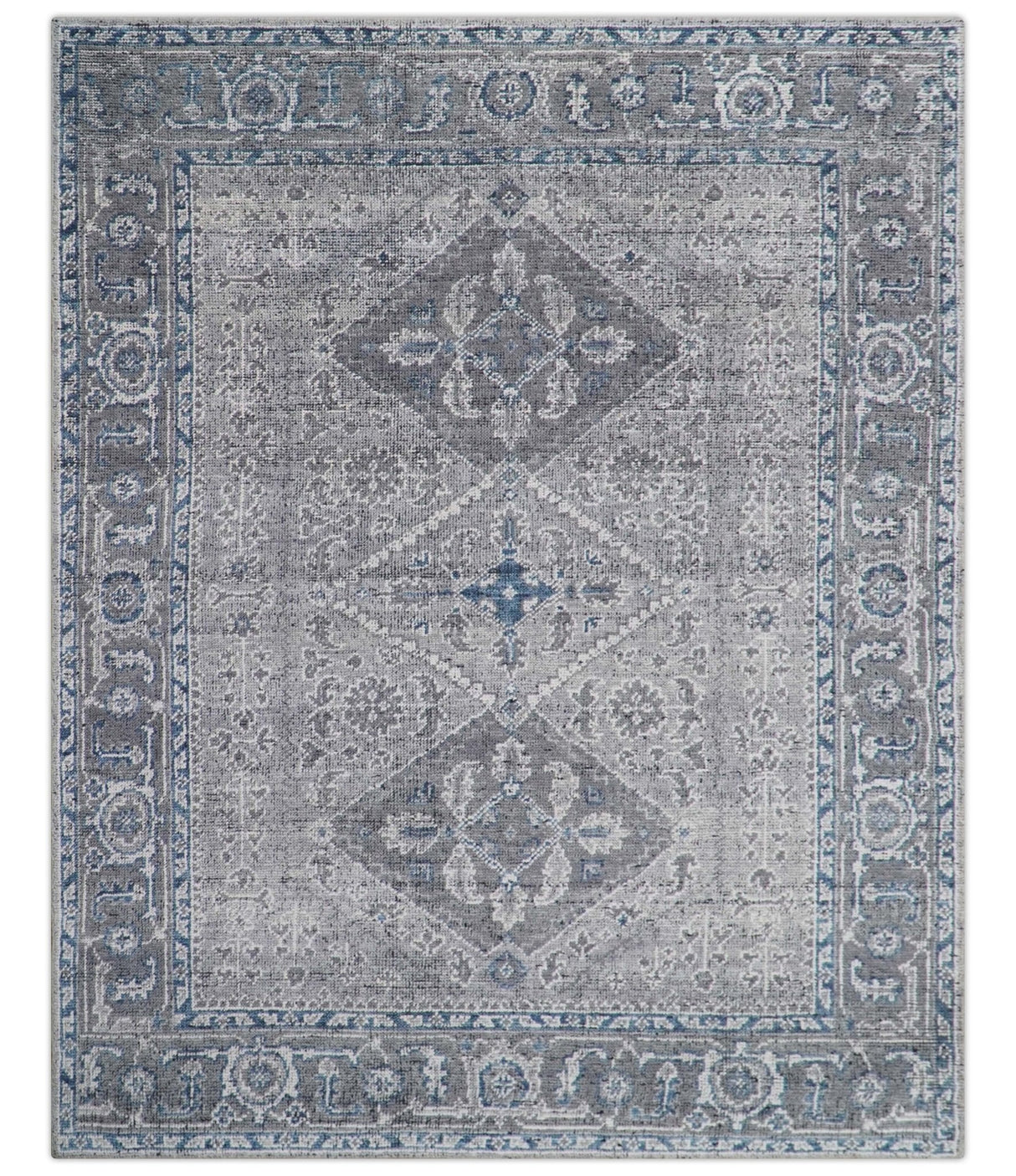 Antique Style Hand Knotted Traditional Blue and Gray Wool Area Rug